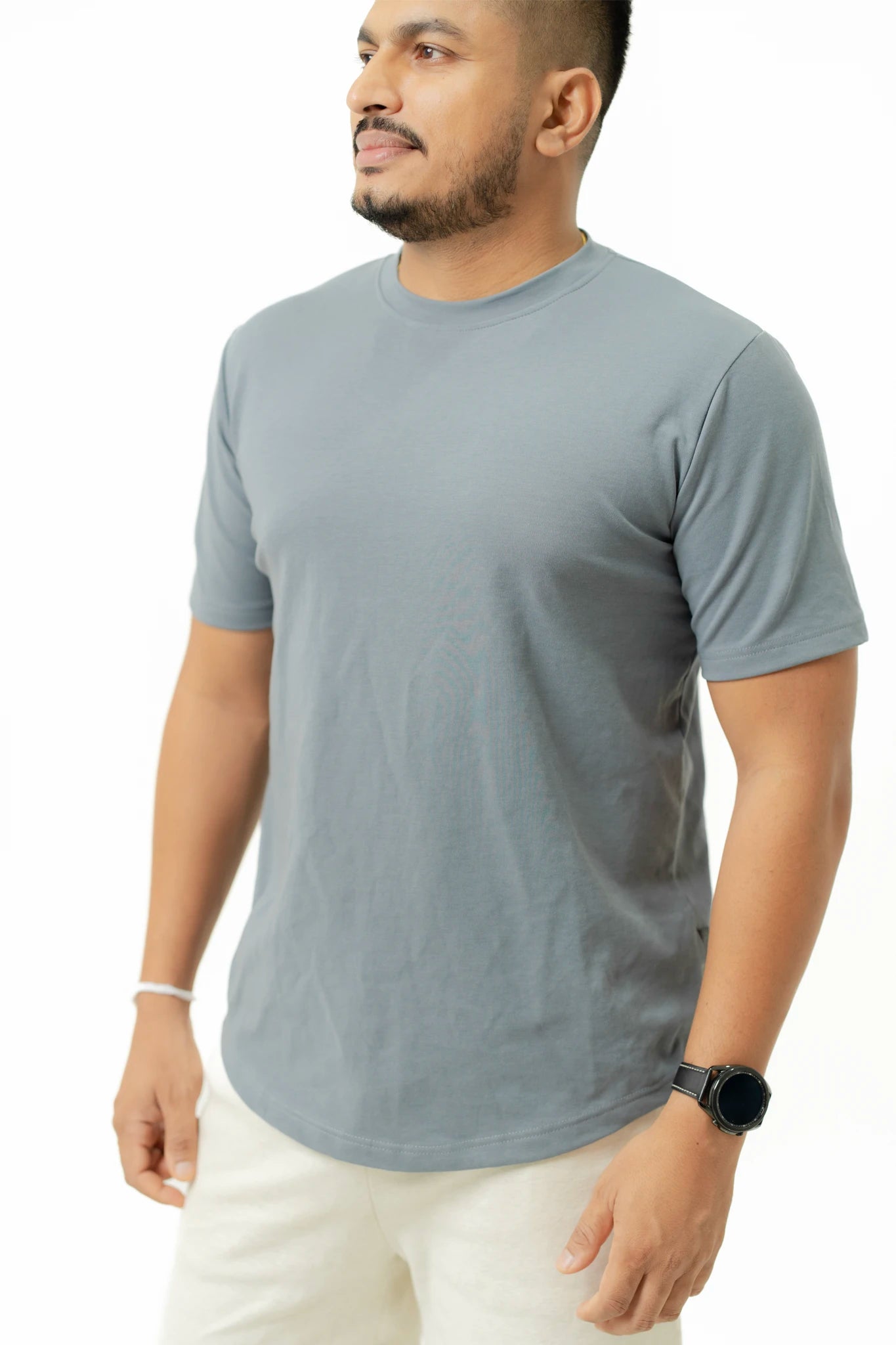 Habito Crew neck curved Bottom T Shirt Gunmetal Mens front closeup